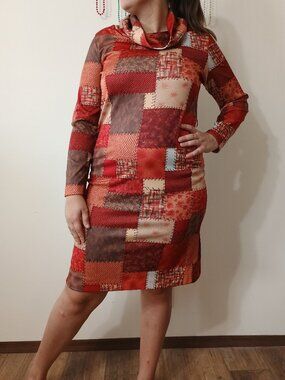 Mid Century Patchwork Print Colw Neck Mini Dress XL